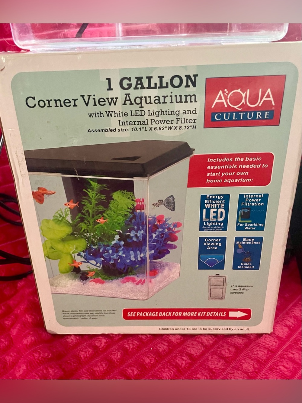 1 Gallon Corner View Aquarium with White LED Lighting and Internal Power Filter